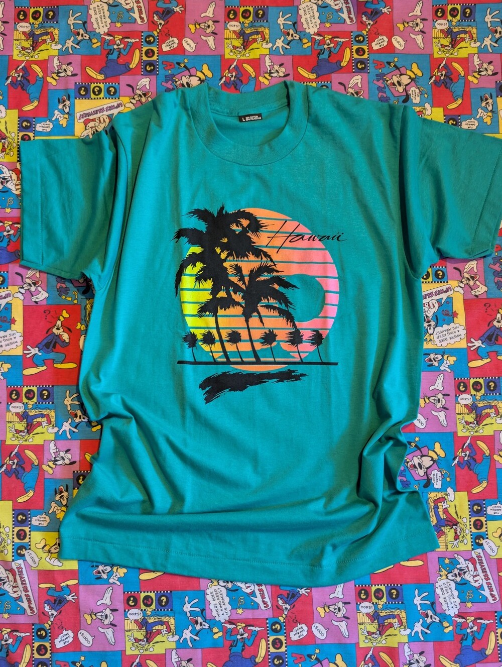 VTG 80's 90's Hawaii Teal Tropical Sunset Palm Tree Graphic Shirt L